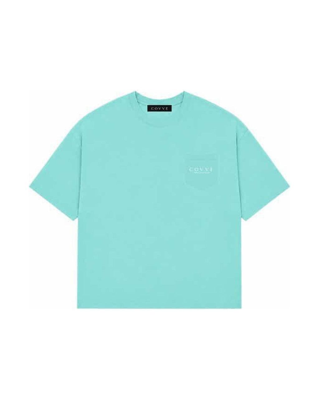 Covve Aqua Blue logo T-shirt, front view with the COVVE logo on a chest pocket