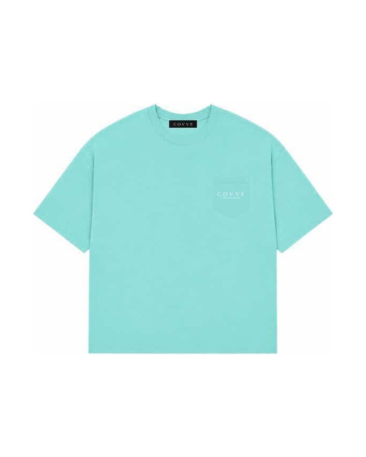 Covve Aqua Blue logo T-shirt, front view with the COVVE logo on a chest pocket