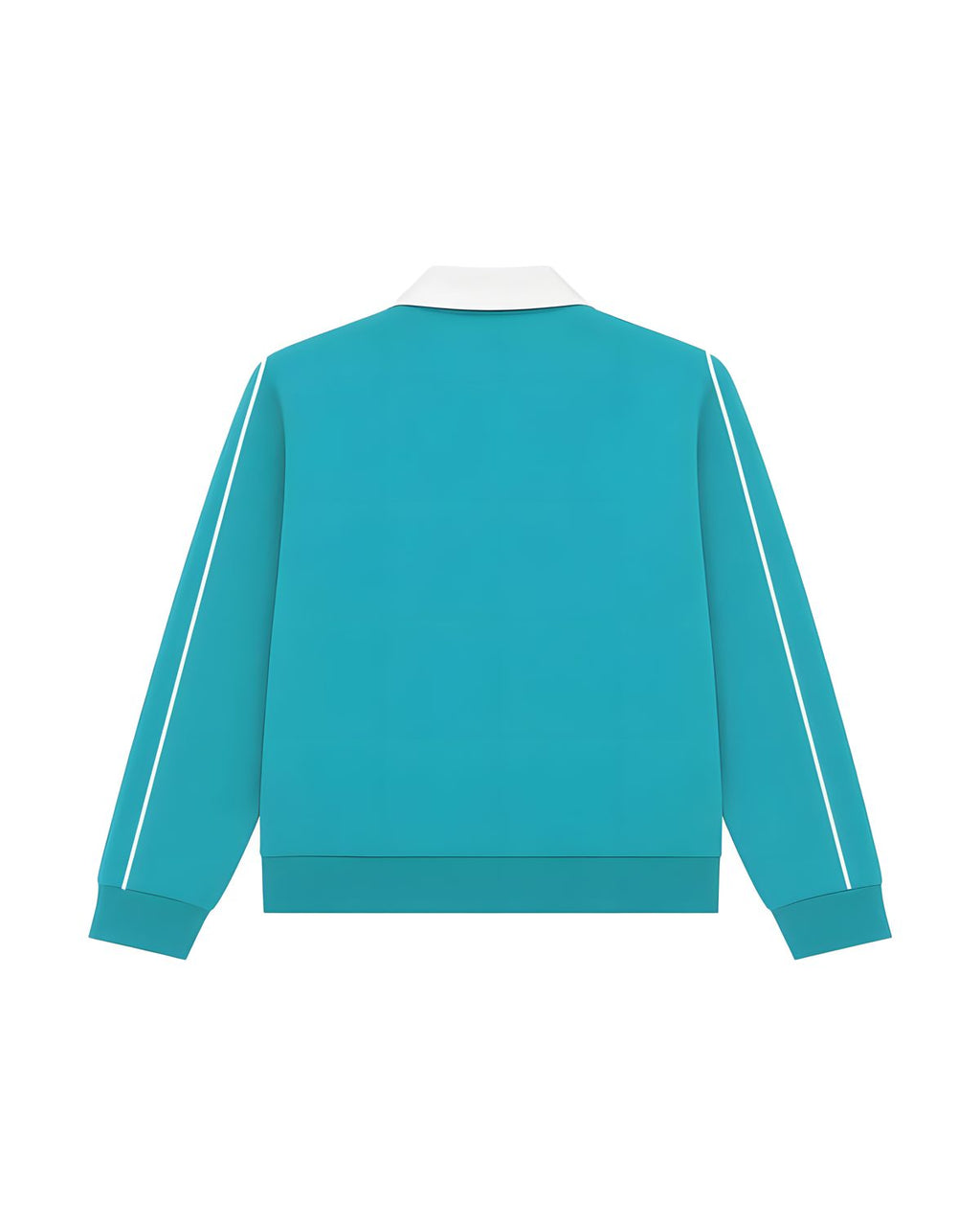 Aqua Blue SilverWing track jacket, back view with a white collar and white sleeve piping