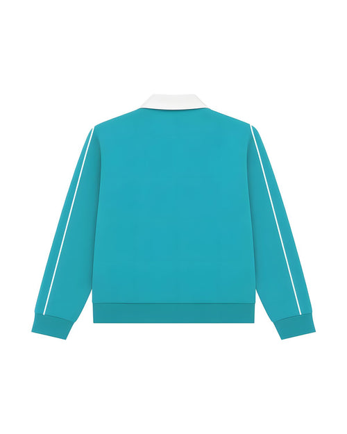 Aqua Blue SilverWing track jacket, back view with a white collar and white sleeve piping