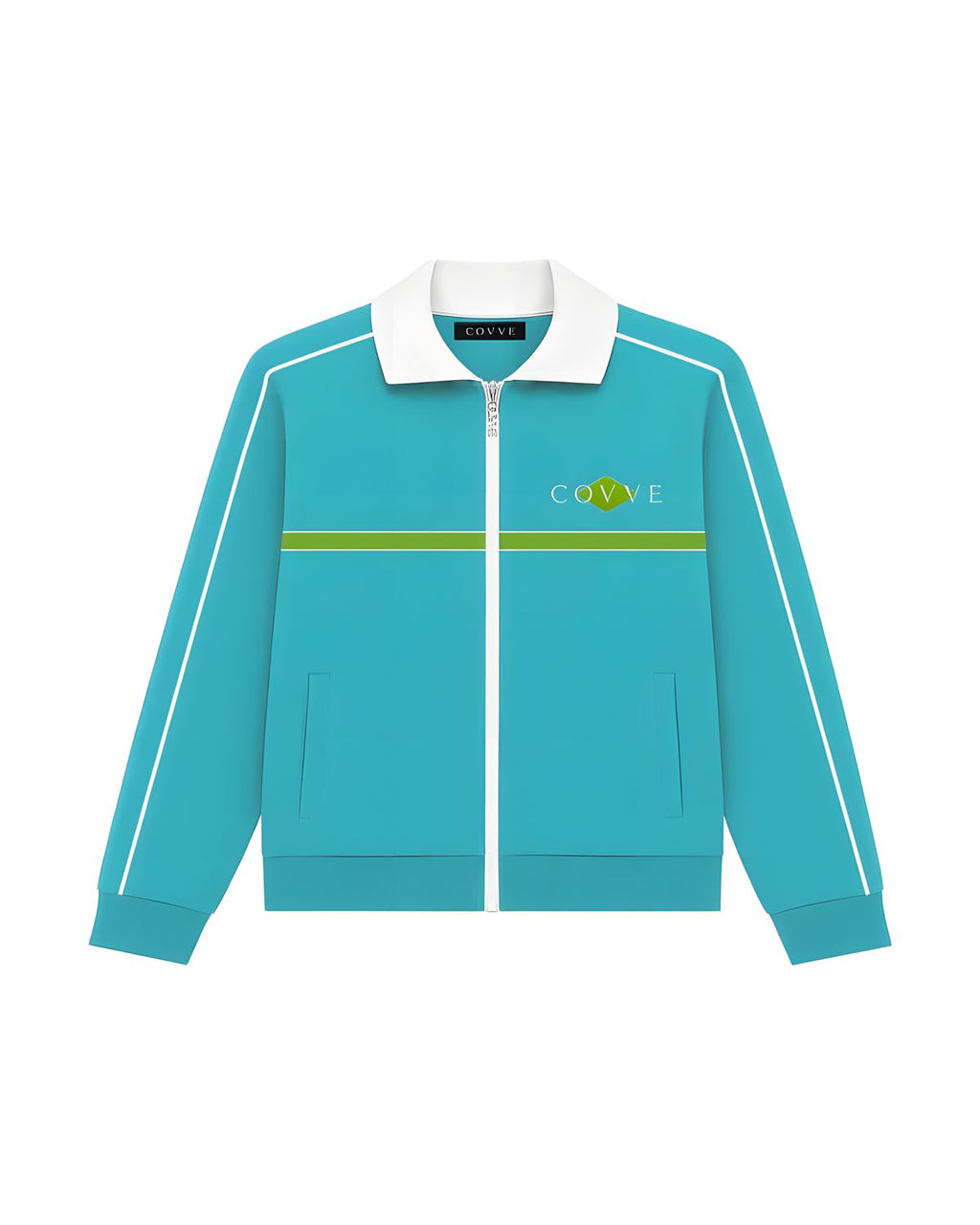 Aqua Blue SilverWing track jacket, front view with a white collar, green chest stripe and COVVE logo
