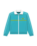 Aqua Blue SilverWing track jacket, front view with a white collar, green chest stripe and COVVE logo