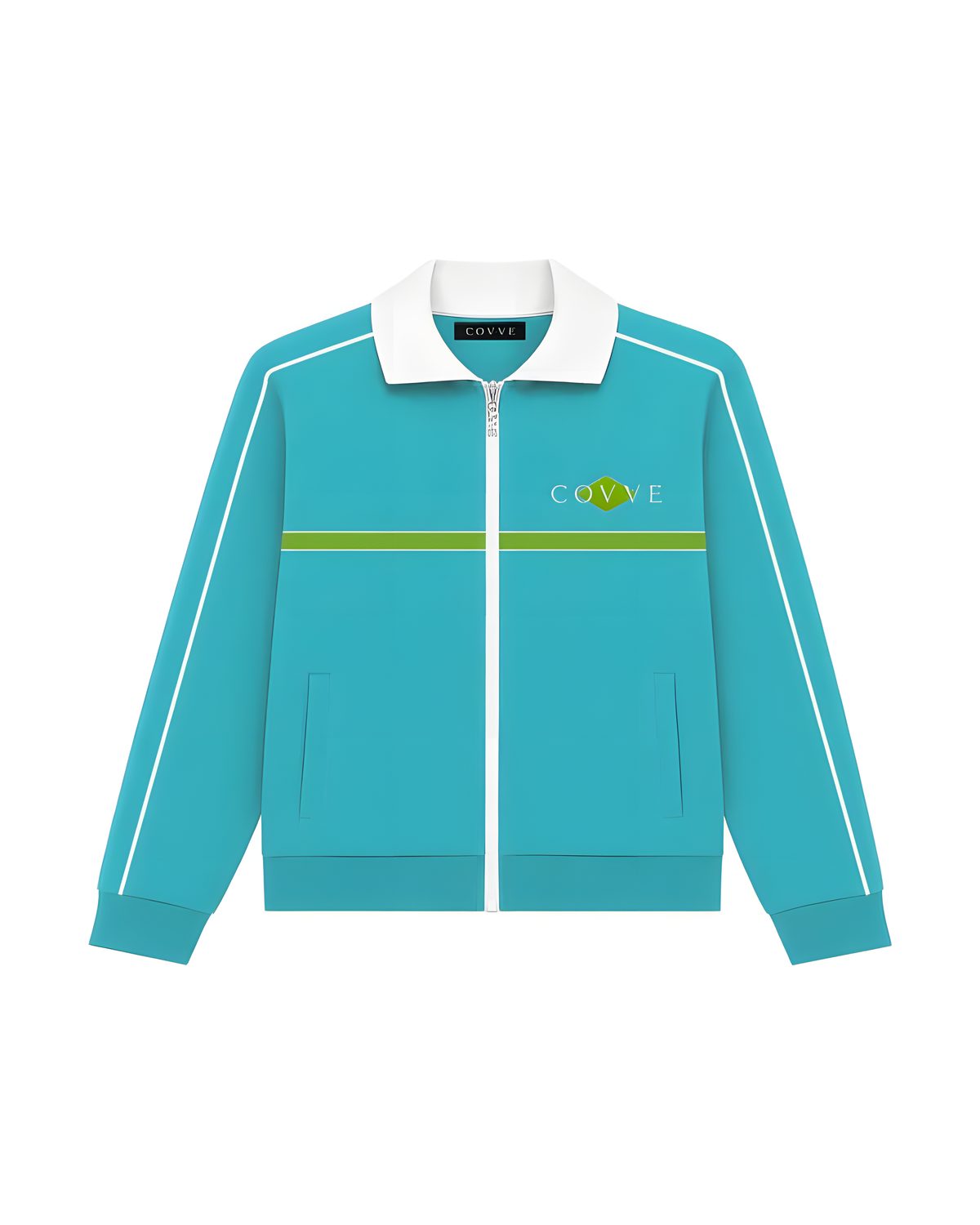 Aqua Blue SilverWing track jacket, front view with a white collar, green chest stripe and COVVE logo