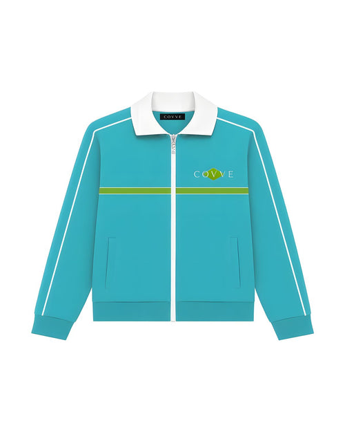 Aqua Blue SilverWing track jacket, front view with a white collar, green chest stripe and COVVE logo