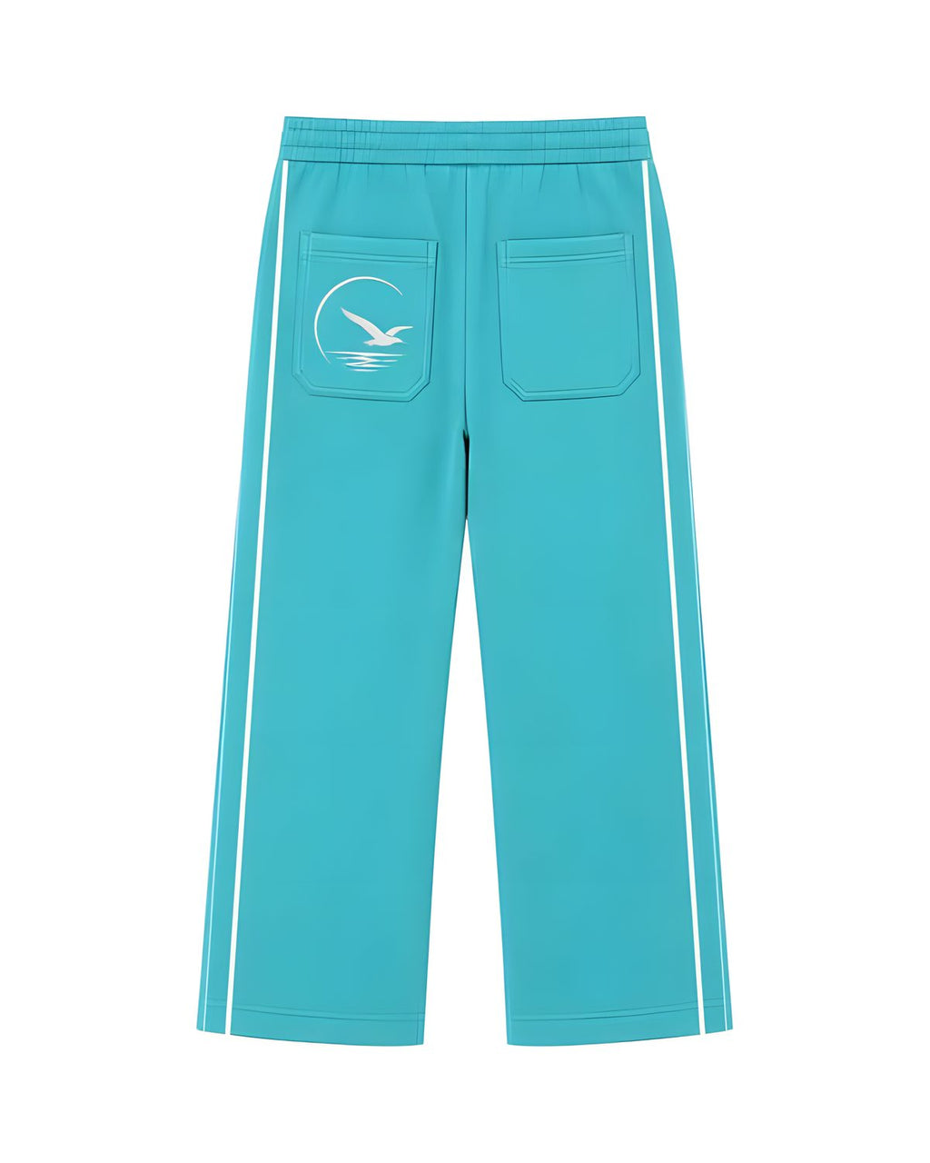 Aqua Blue SilverWing track pants, back view with the white bird and crescent emblem on the left back pocket
