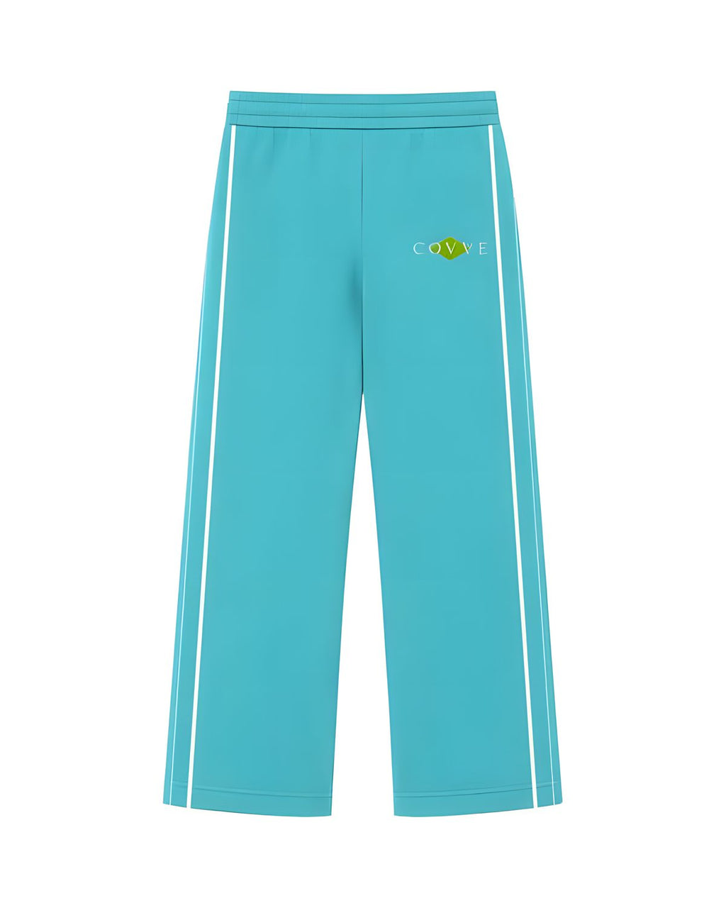 Aqua Blue SilverWing track pants, front view with white side stripes and the COVVE logo on a green diamond