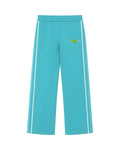 Aqua Blue SilverWing track pants, front view with white side stripes and the COVVE logo on a green diamond