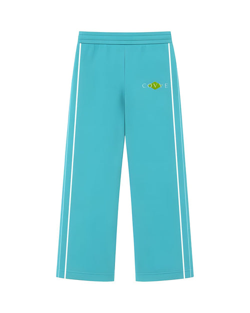 Aqua Blue SilverWing track pants, front view with white side stripes and the COVVE logo on a green diamond