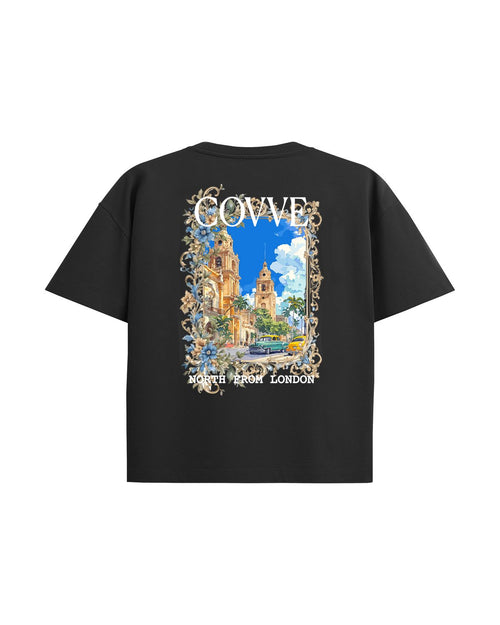 Black City Bloom oversized T-shirt, back view with a large city scene in a floral frame under COVVE and North From London