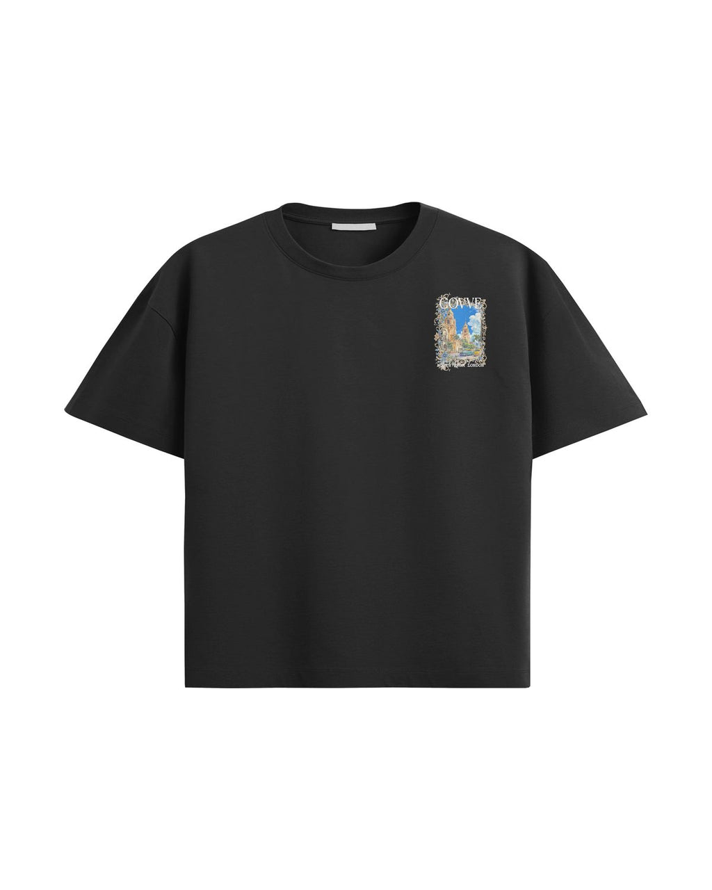 Black City Bloom oversized T-shirt, front view with a small city-scene print on the left chest