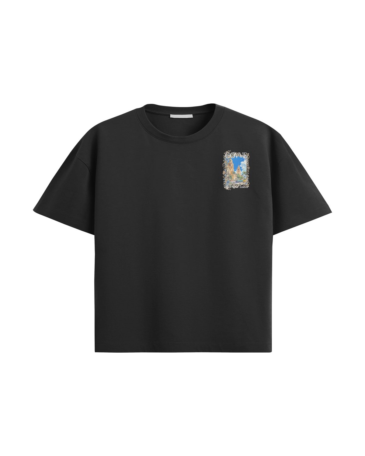Black City Bloom oversized T-shirt, front view with a small city-scene print on the left chest