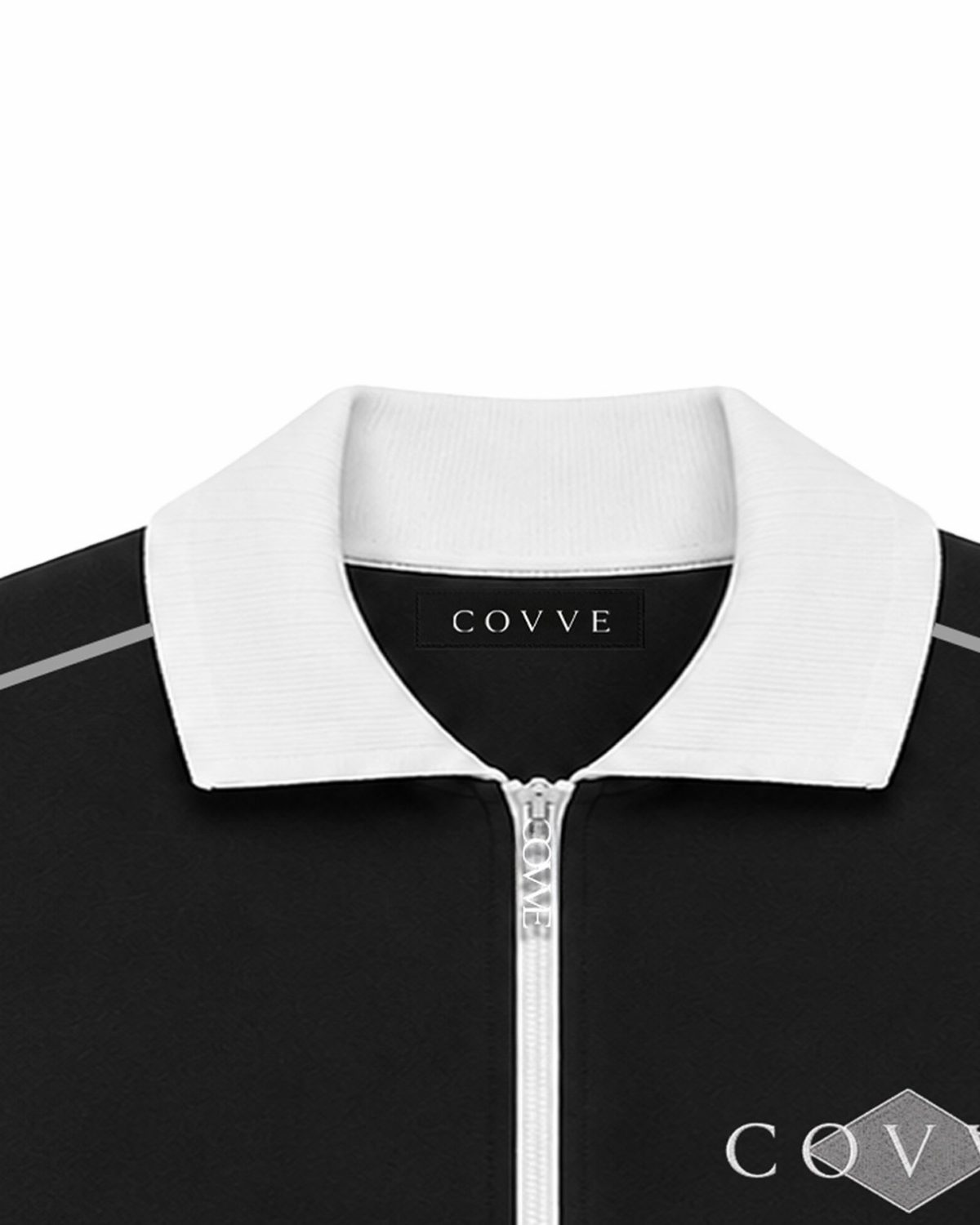 Black SilverWing track jacket, close-up of the white collar, COVVE neck label and COVVE zip pull
