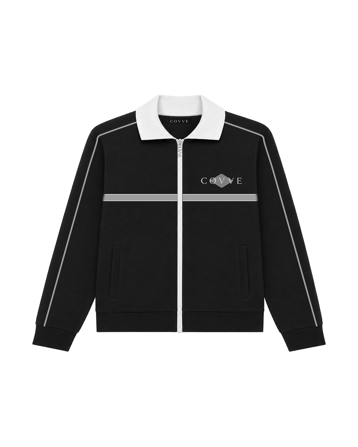 Black SilverWing track jacket, front view with a white collar, silver-grey chest stripe and COVVE logo