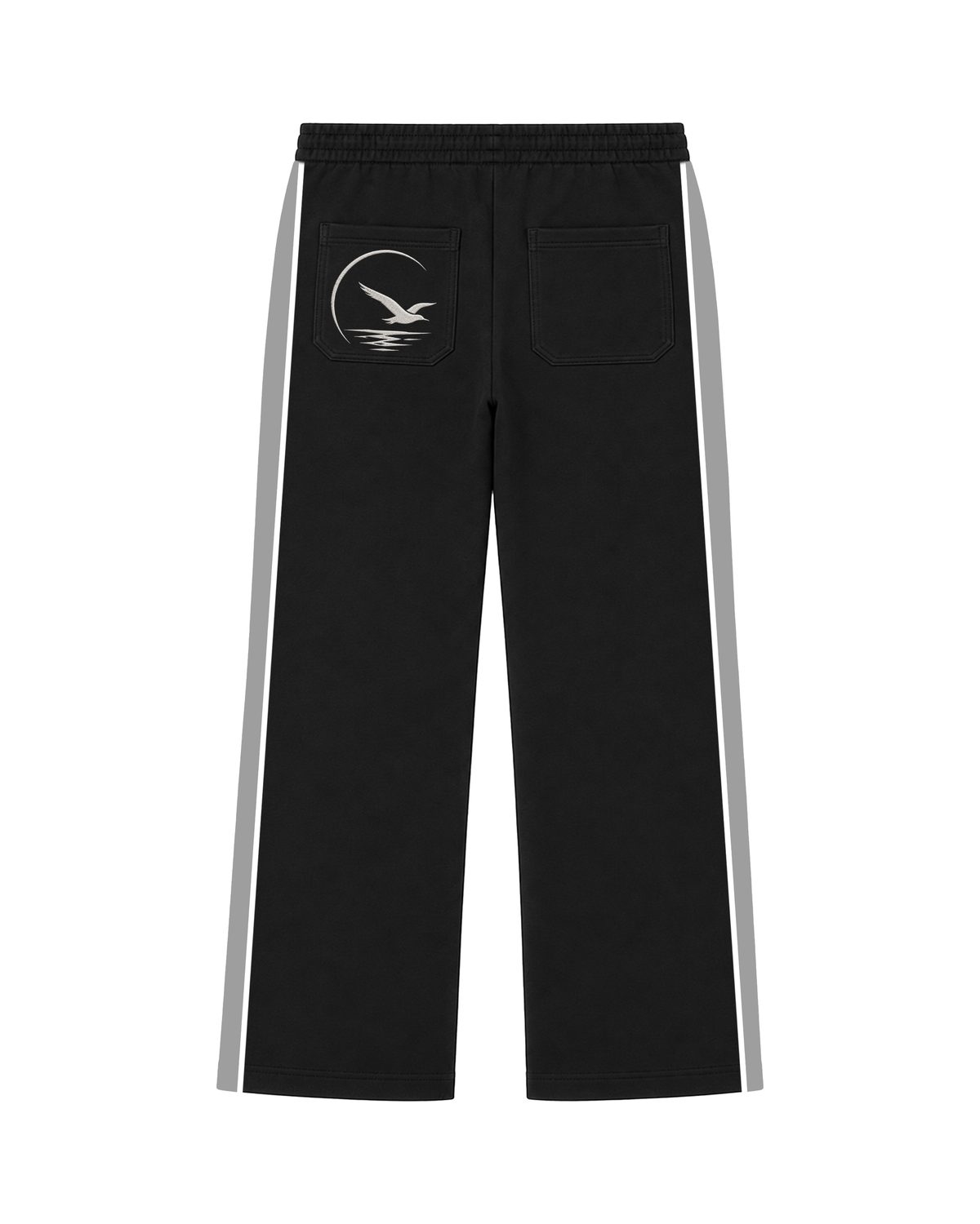 Black SilverWing track pants, back view with the bird and crescent emblem on the left back pocket