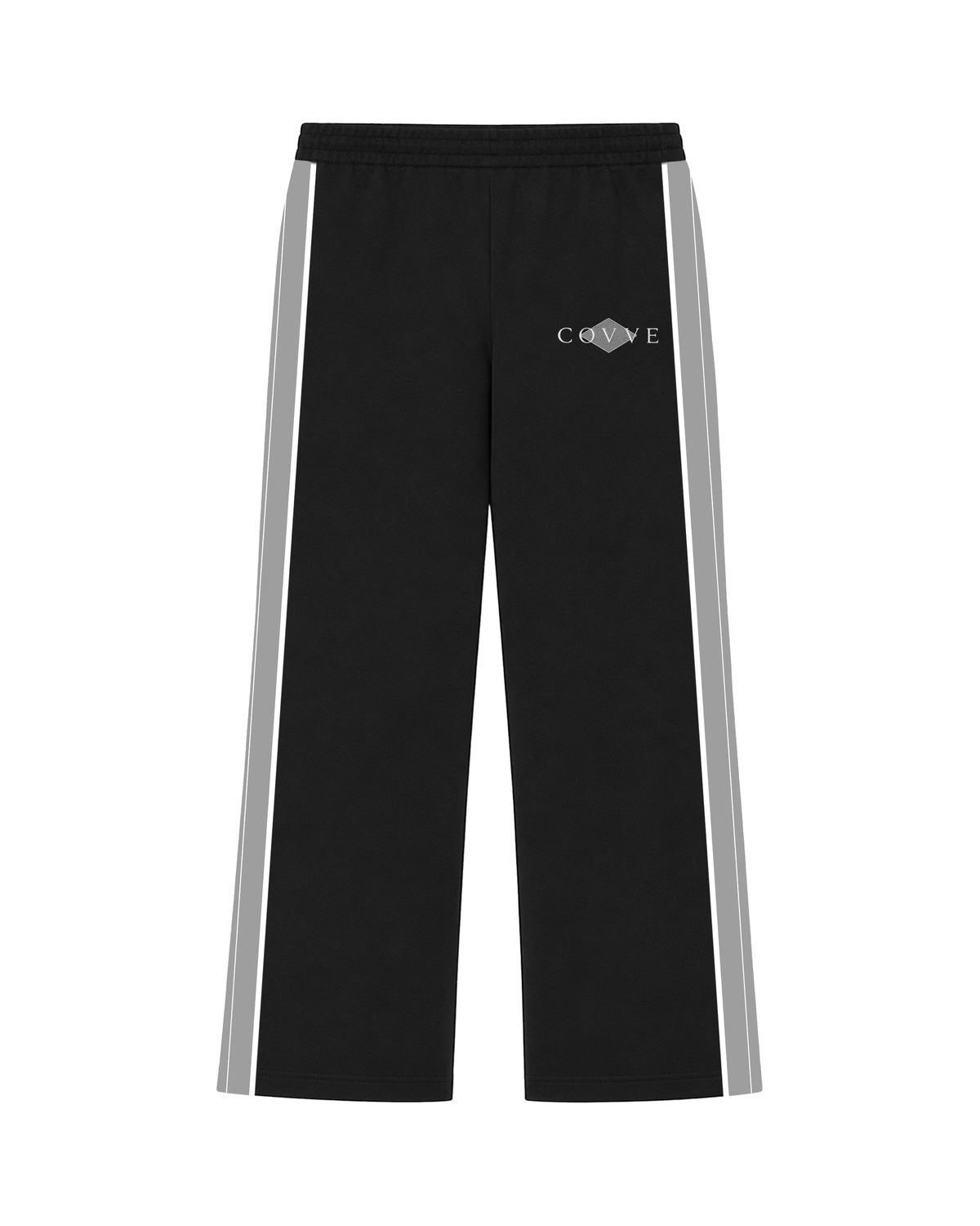 Black SilverWing track pants, front view with silver-grey side stripes and the COVVE logo on the left thigh