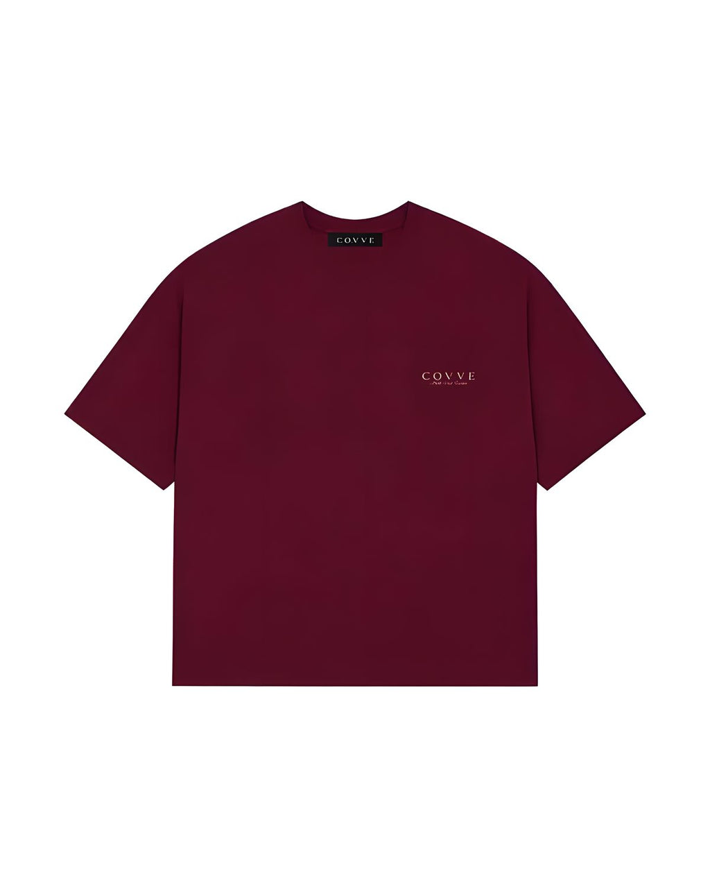 Covve Burgundy logo T-shirt, front view with the COVVE logo on a chest pocket