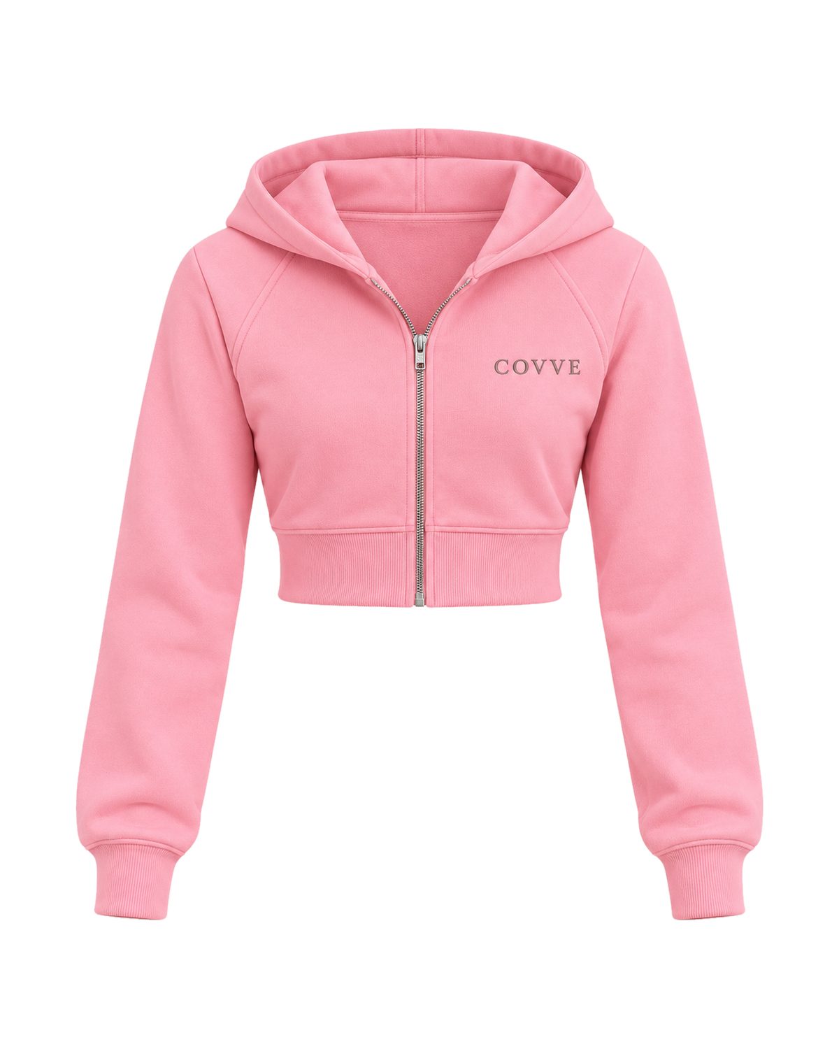 Blush Pink Natural Flow cropped zip hoodie, front view with the COVVE wordmark embroidered on the chest
