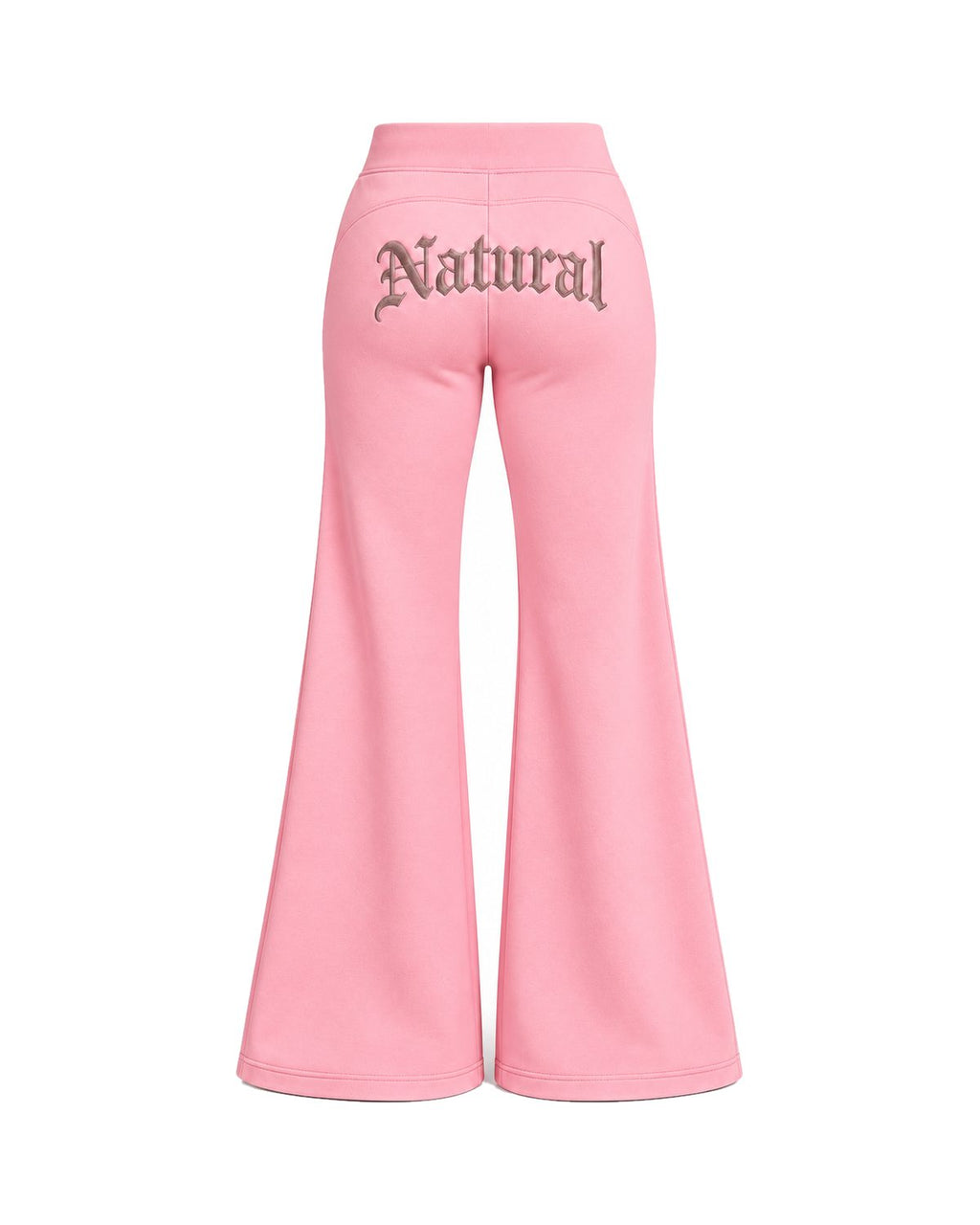 Blush Pink Natural Flow track pants, back view with a large gothic "Natural" embroidered below the waistband