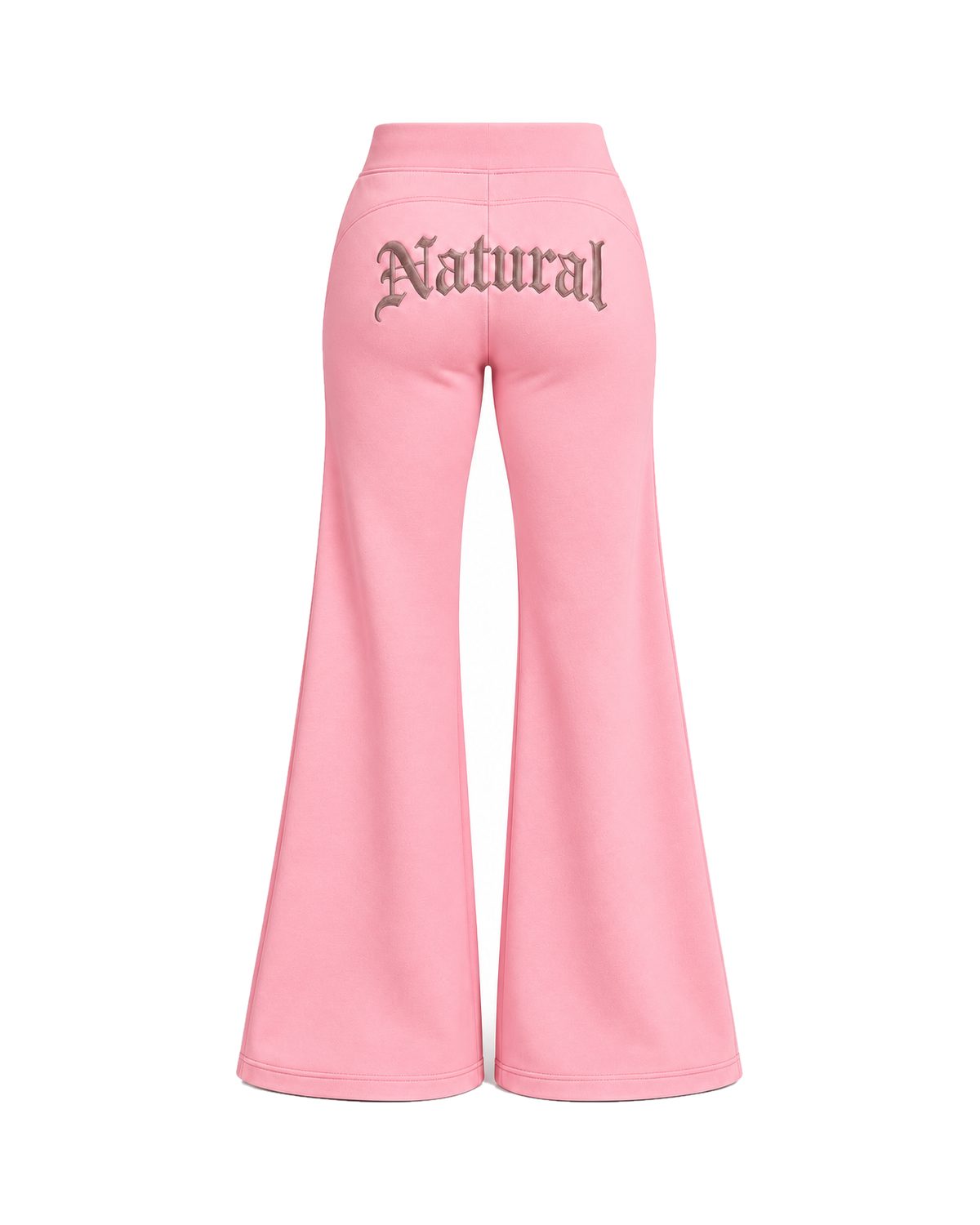 Blush Pink Natural Flow track pants, back view with a large gothic "Natural" embroidered below the waistband