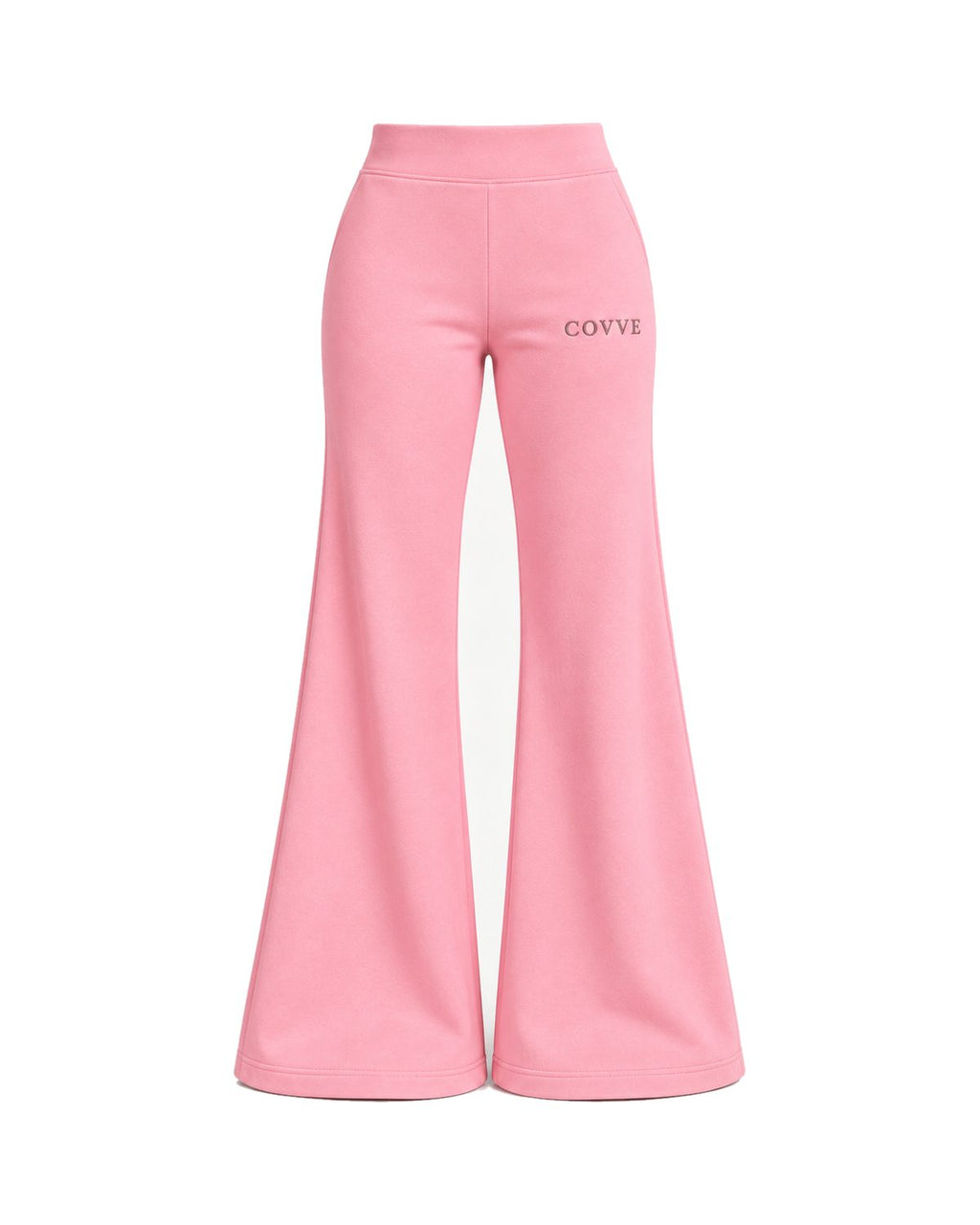Blush Pink Natural Flow track pants, front view with the COVVE wordmark embroidered at the upper front