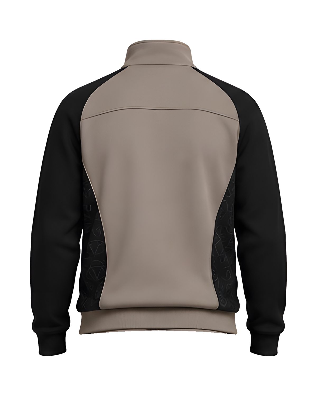 Taupe Stealth Monogram track jacket, back view with black sleeves and monogram side panels