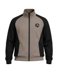 Taupe Stealth Monogram track jacket, front view with black sleeves, monogram side panels and the COVVE monogram on the chest