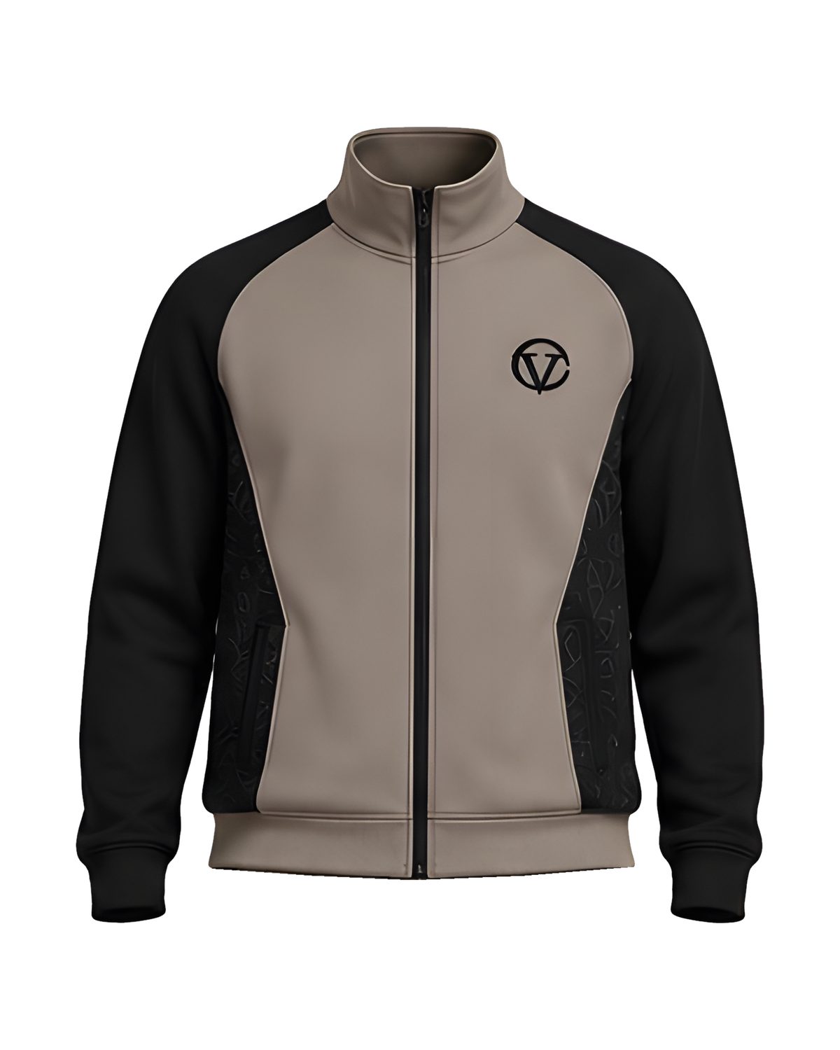 Taupe Stealth Monogram track jacket, front view with black sleeves, monogram side panels and the COVVE monogram on the chest