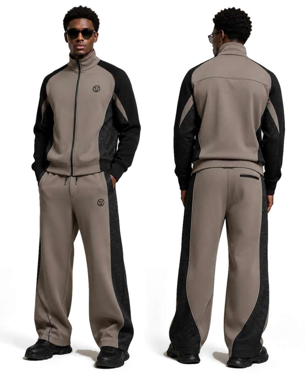Taupe Stealth Monogram tracksuit worn by a model, front and back views