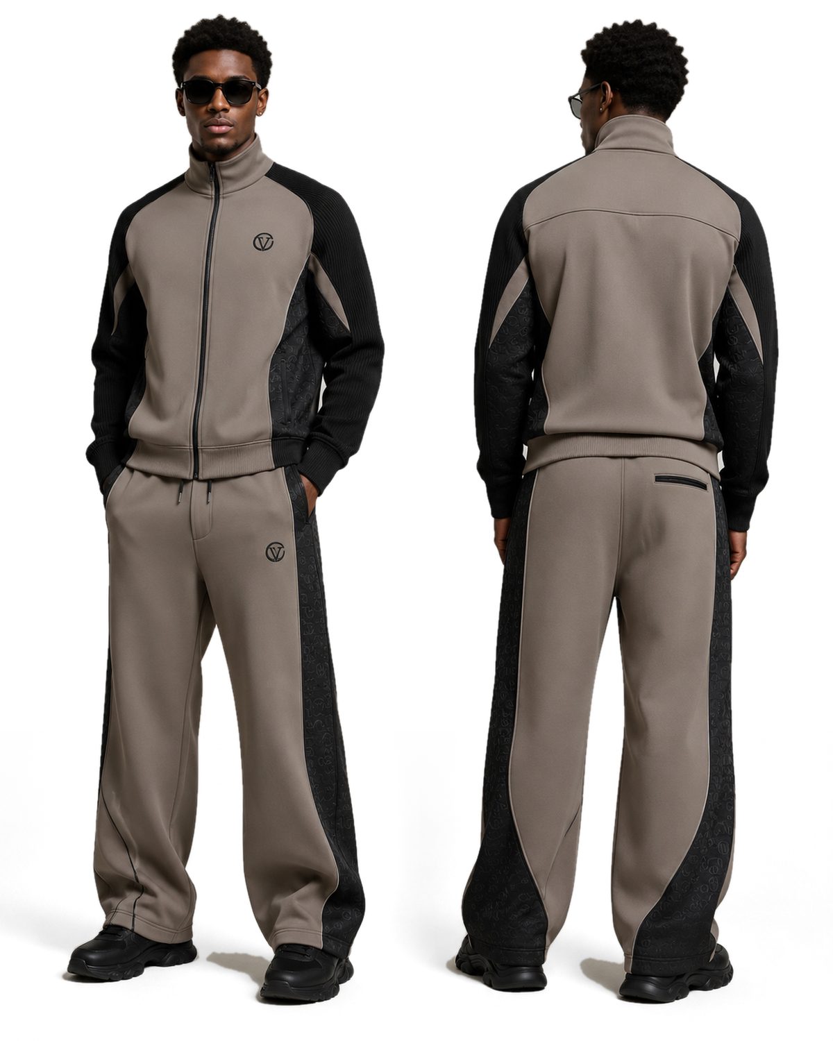 Taupe Stealth Monogram tracksuit worn by a model, front and back views