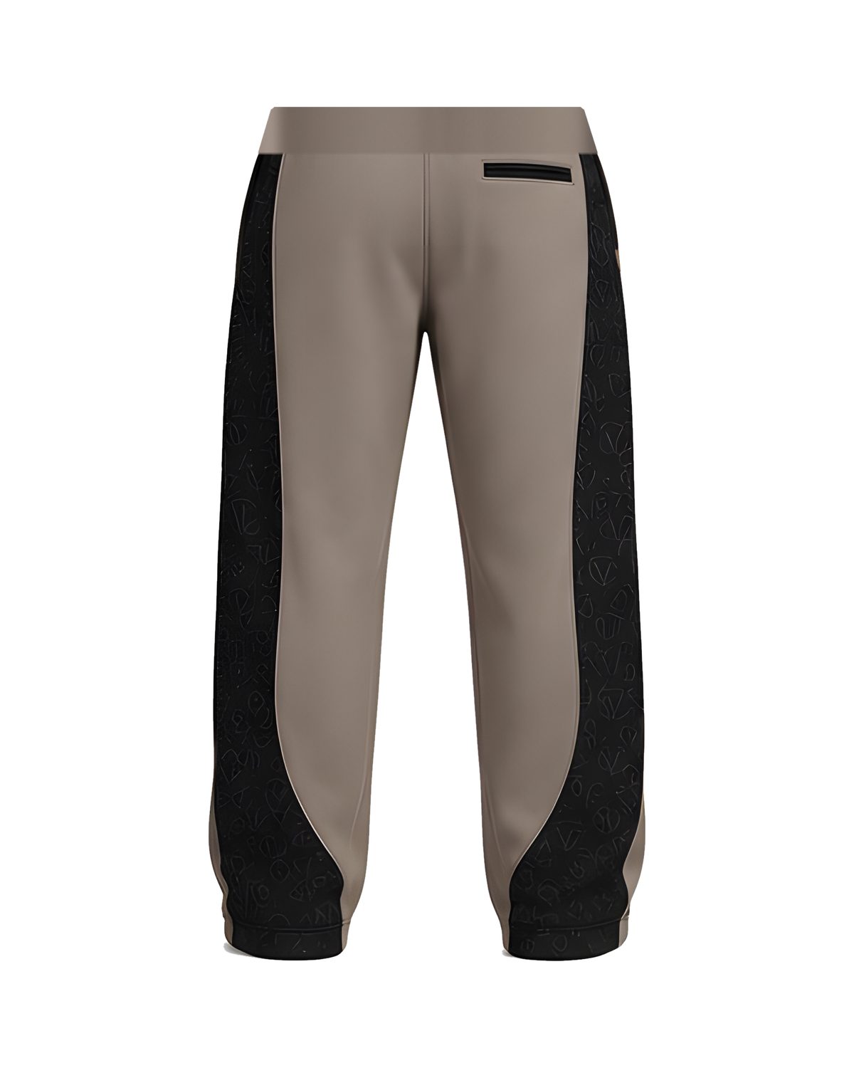 Taupe Stealth Monogram track pants, back view with monogram side panels and a welt pocket