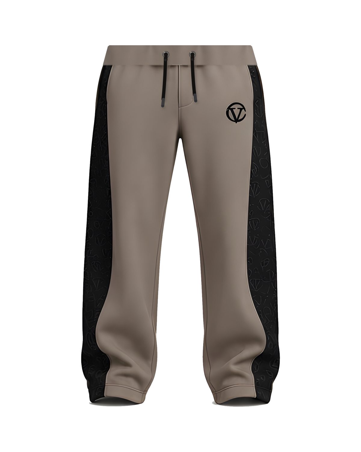 Taupe Stealth Monogram track pants, front view with monogram side panels and the COVVE monogram on the thigh