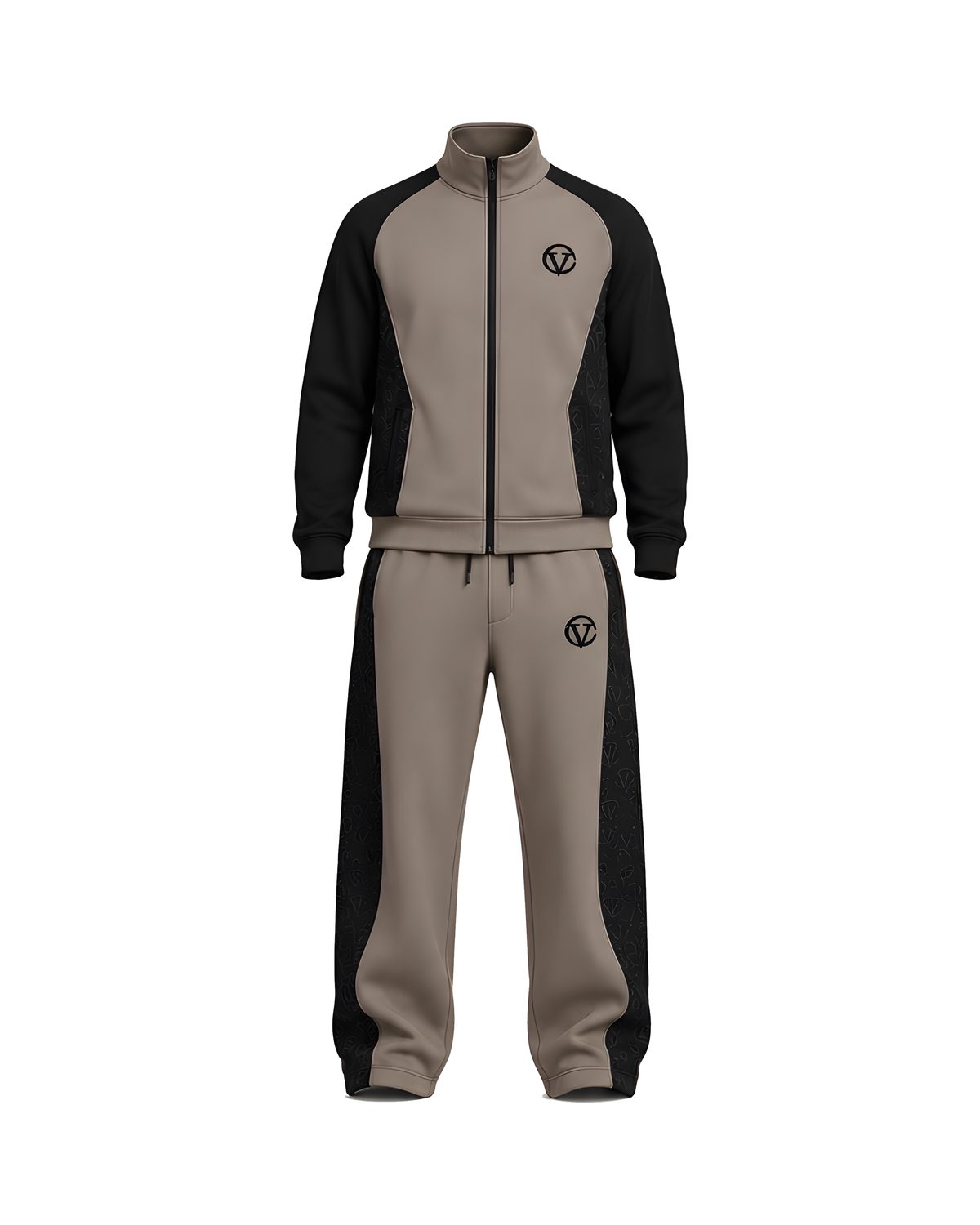 Taupe Stealth Monogram tracksuit, jacket and pants together, front view