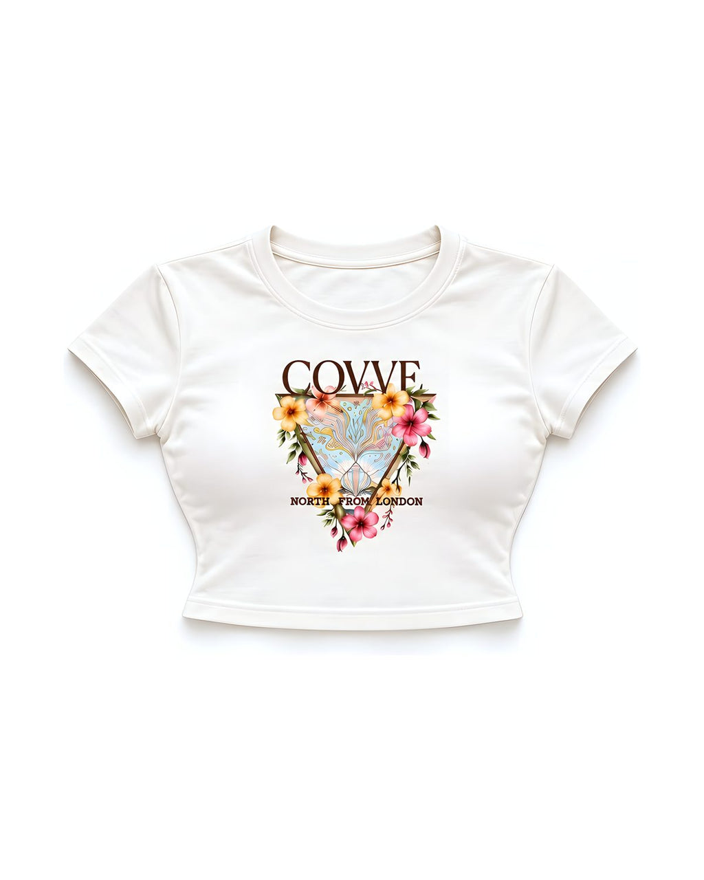 White City Bloom cropped T-shirt, front view with the COVVE floral triangle and NORTH FROM LONDON print