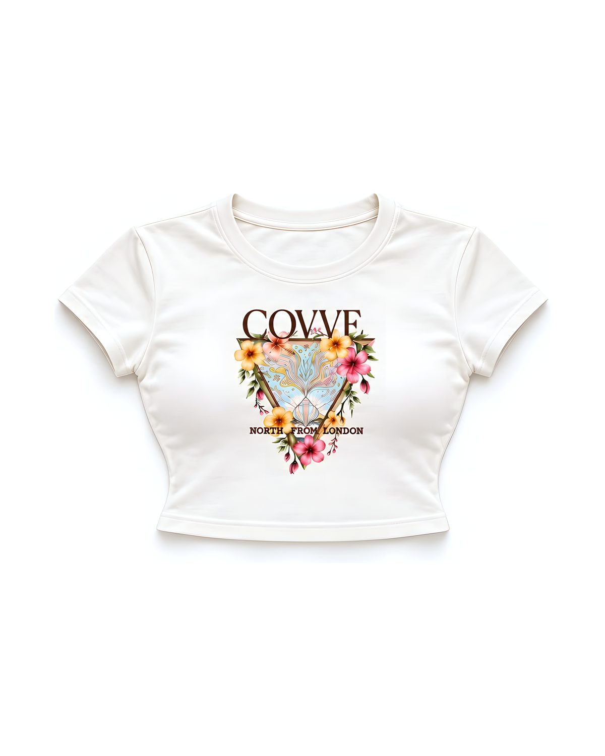 White City Bloom cropped T-shirt, front view with the COVVE floral triangle and NORTH FROM LONDON print
