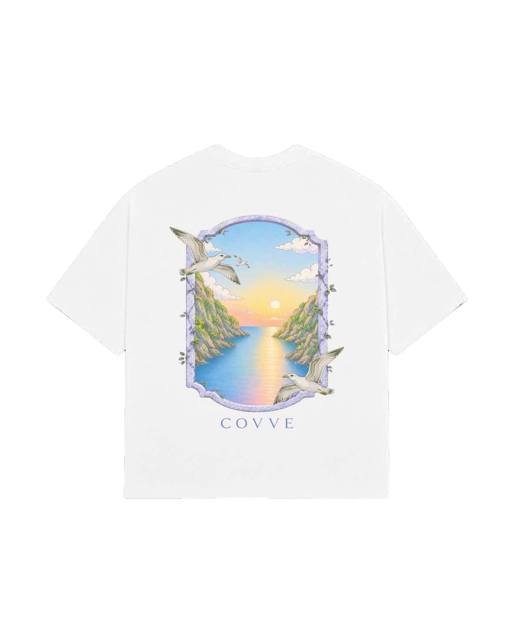 White North From London oversized T-shirt, back view with a sunset coastline print and COVVE wordmark