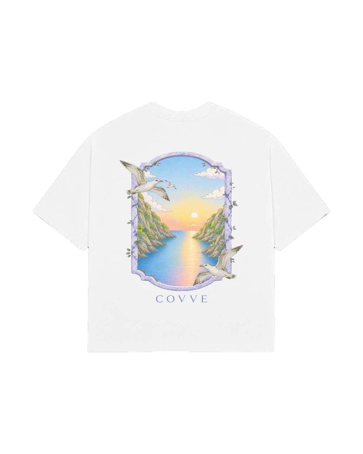 White North From London oversized T-shirt, back view with a sunset coastline print and COVVE wordmark